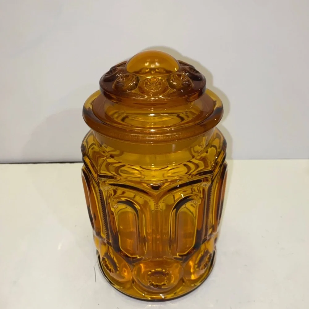 Vintage LE Smith Moon and Stars Amber Glass Cannister 9.5”
